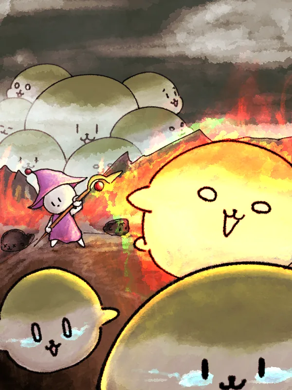 炎を背にしたアザラシたちのイラスト